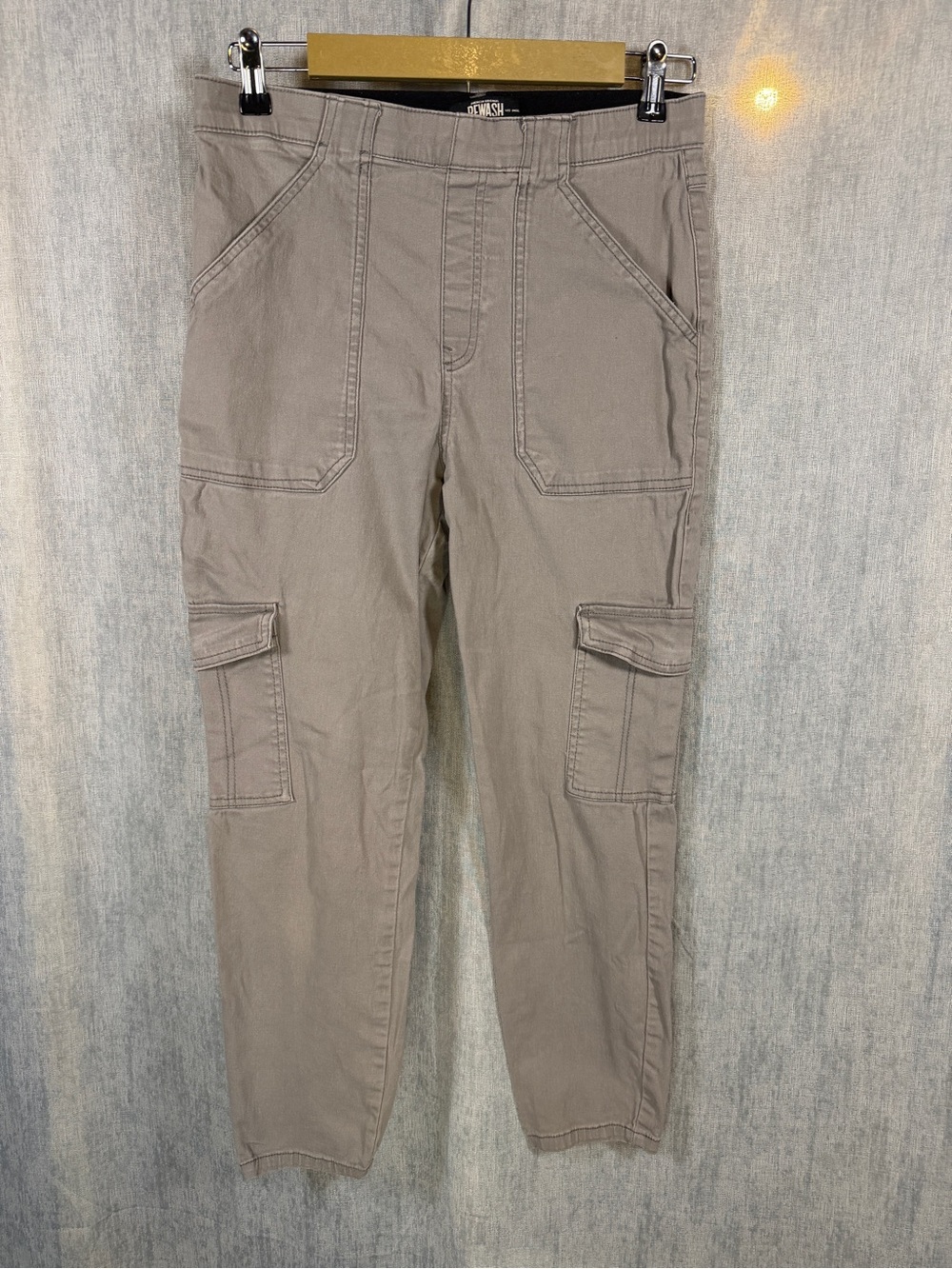 REWASH Large Cargo Pants Taupe Gray Utility Jean Pant Cotton Stretch Y2K